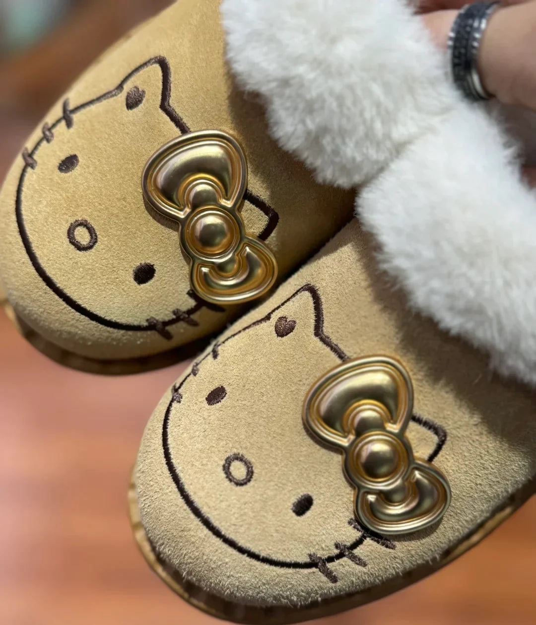 Kitty Luxe Khaki Slippers with Gold Bow Charm