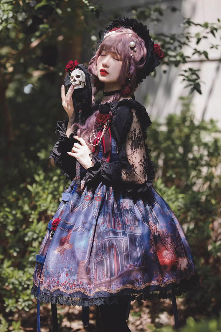 Punk Lolita JSK Dress with Church Print and Ruffles - Midnight Magic - Triple Hue