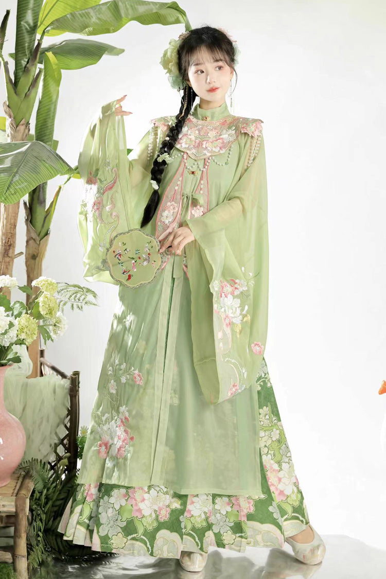 Emerald Stand Collar Long Sleeve Ming Style Embroidered Cloud Shoulder Sweet Hanfu Horse Face Gown Set
