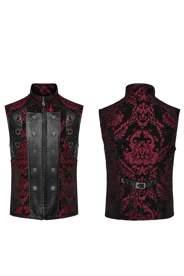 Crimson & Noir Men's Stand Collar Jacquard Print Stitched Metal Ring Gothic Vest