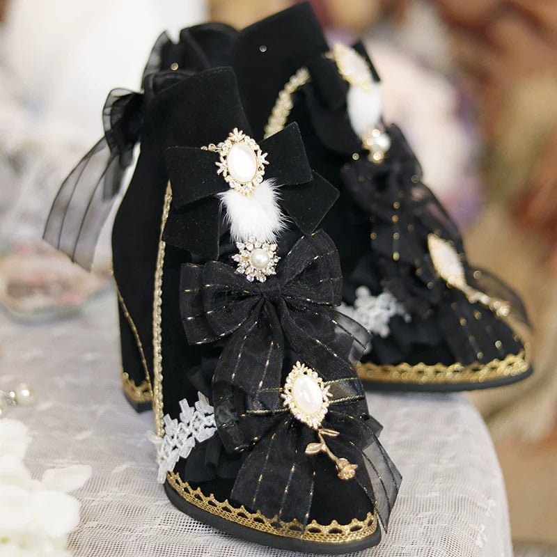 Sweet Luxurious Lolita Ankle Boots with Chunky Heel and Pom-Pom Bow Pearl Detail