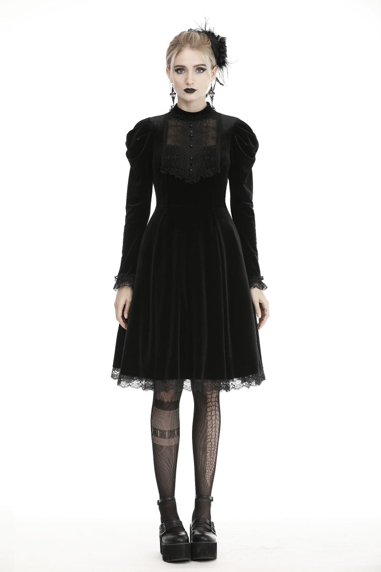 Gothic Velvet Gown with Puff Sleeves and Lace Detailing in Black