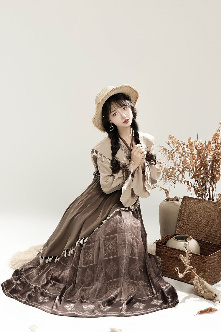 Chinese Style Lolita Dress with Lantern Sleeves and Asymmetric Ruffle