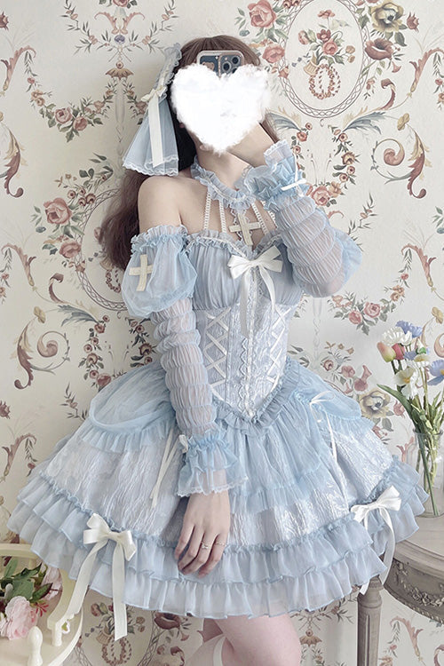 Azure Strapless Bowknot Frilled Sweet Lolita Tiered Gown