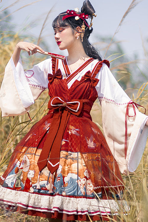 Burgundy Ukiyoe Cat Print Long Sleeve Chinese Style Two-Piece Look Bow Ruffle Sweet Lolita OP Gown