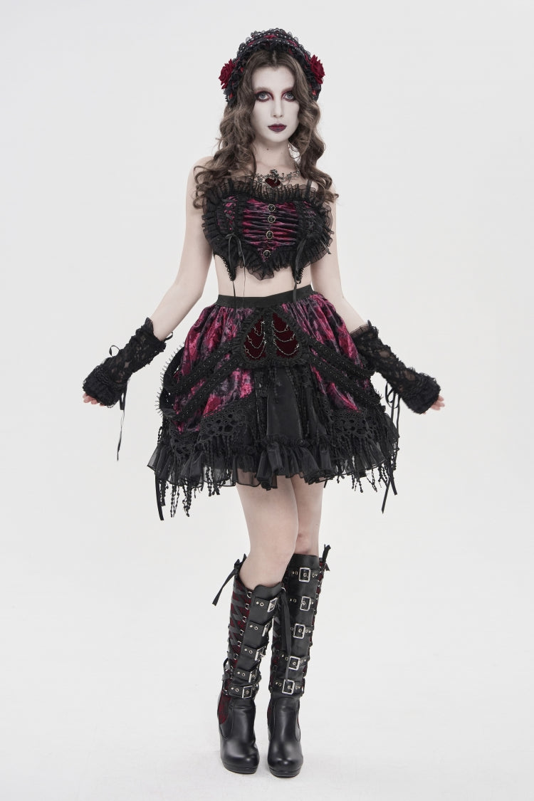 Crimson & Noir Off-Shoulder Bow Lace Color-Block Strappy Pleated Gothic Corset