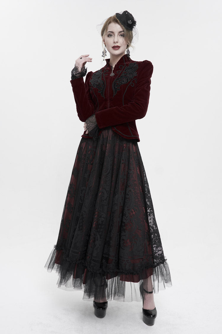 Crimson Noir Lace Flower Mesh Paneled Ruffle Swing Gothic Skirt