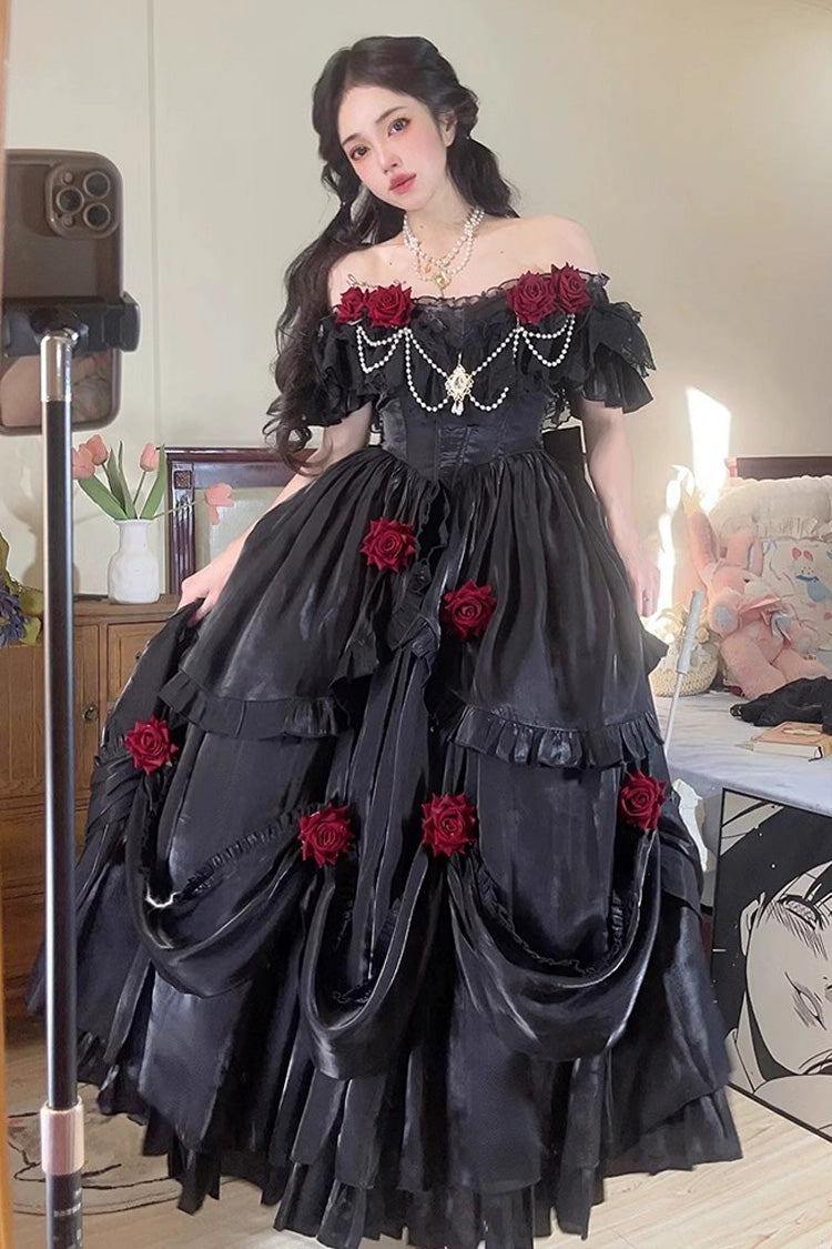 Elegant Gothic Lolita Rose Ruffle Bowknot Long Sleeve Dress