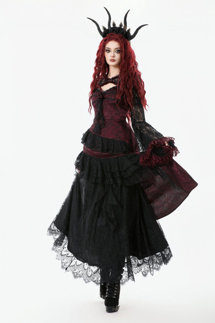 Crimson Noir Flared Lace Puff-Sleeve Women's Gothic Cape