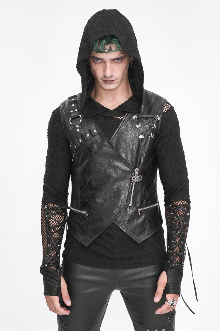 Men's Punk Faux Leather Vest with Zippers - Noir