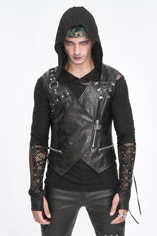 Men's Punk Faux Leather Vest with Zippers - Noir