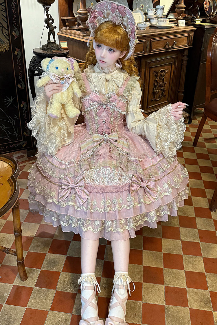 Pink Gem Crown Triple Ruffle Bow Lace Elegant Lolita JSK
