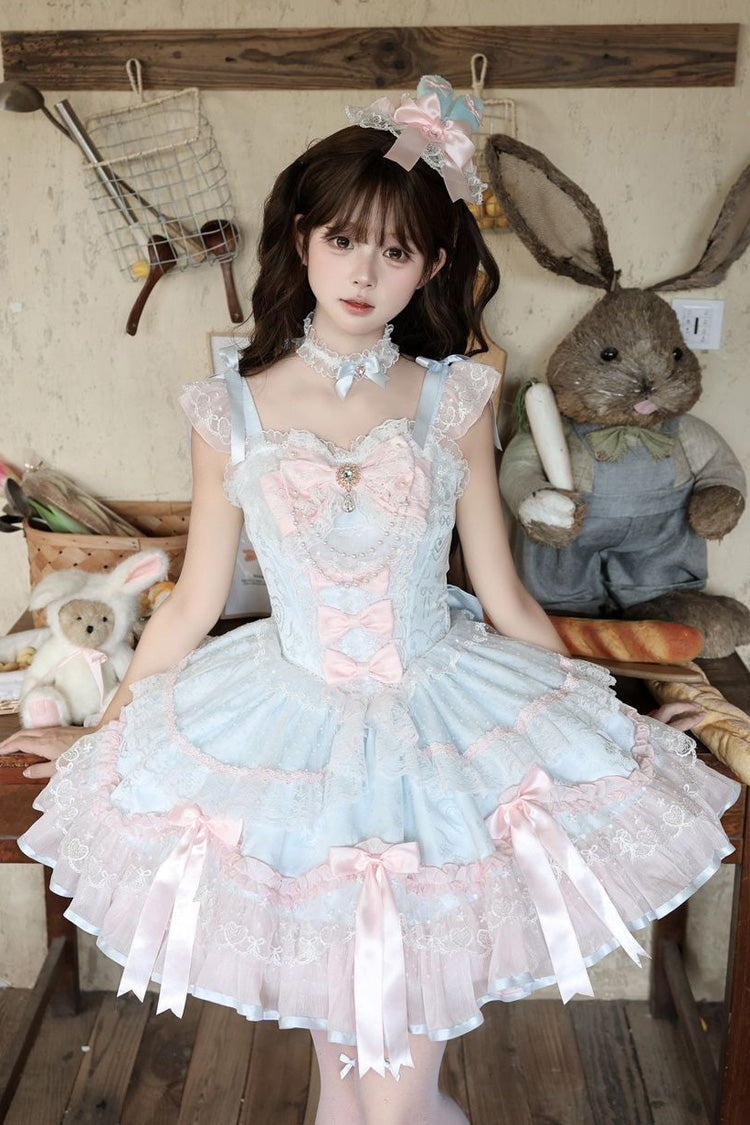 Square Collar Pearl-Trimmed Ruffled JSK with Bow Accents - Candy Satin Ballet