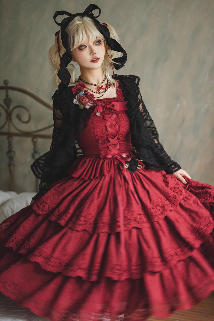Burgundy Forest Waltz Embroidery Bow Lace-Up Slim Sweet Elegant Lolita Suspender Top