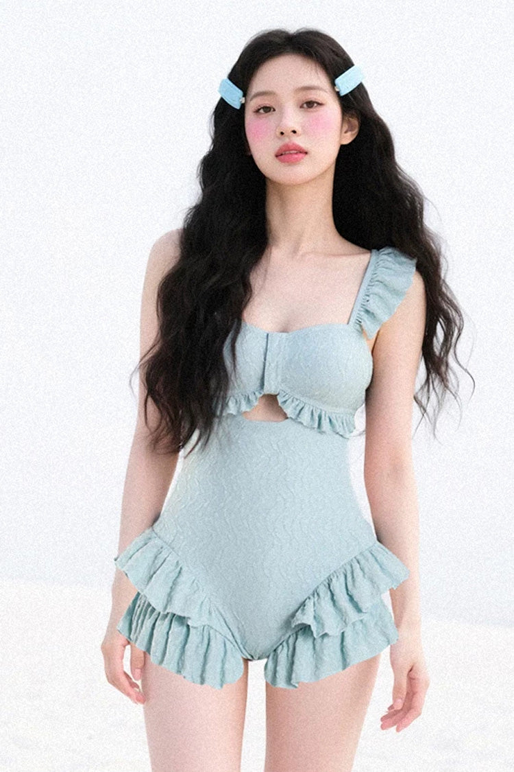 Azure Square Neck Strapless Ruffled Sweet Lolita One-Piece Swimsuit