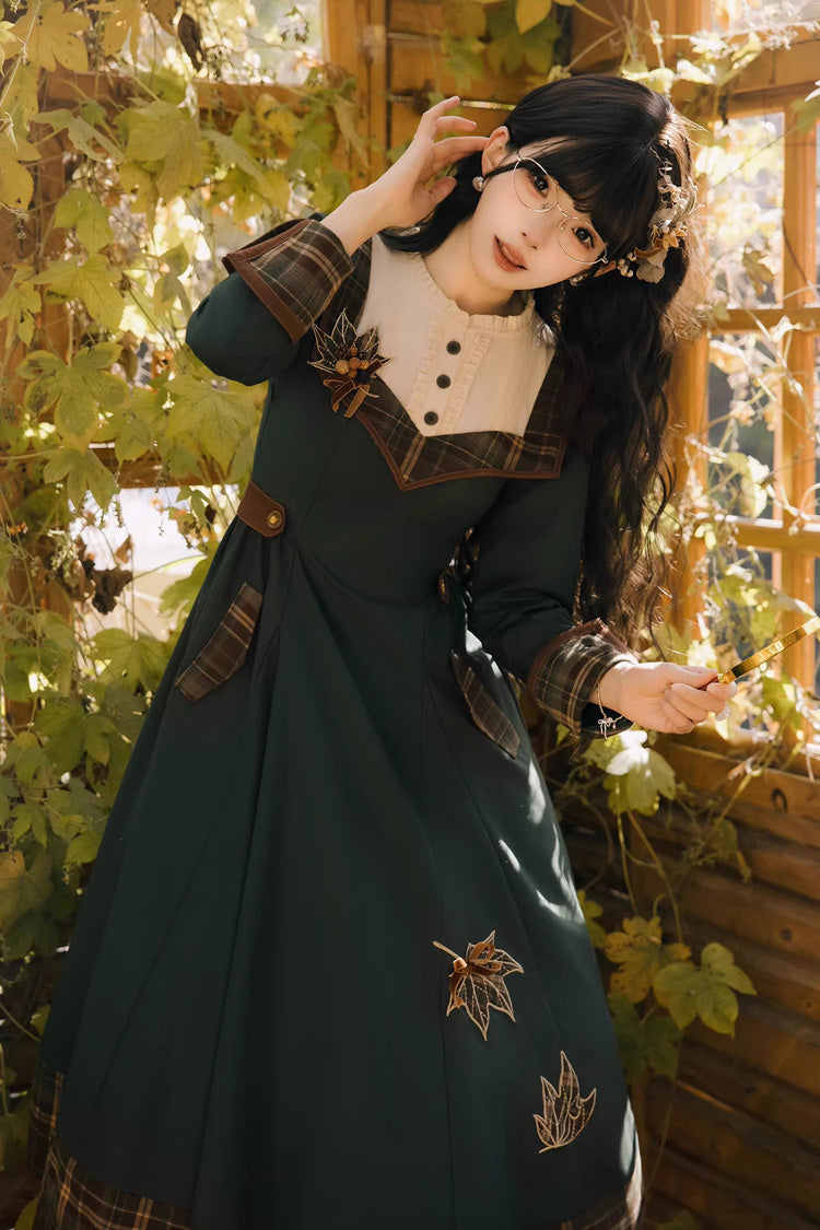Emerald Autumn Chronicles Round Collar Long Sleeve Printed Embroidered Slim Sweet Lolita Gown