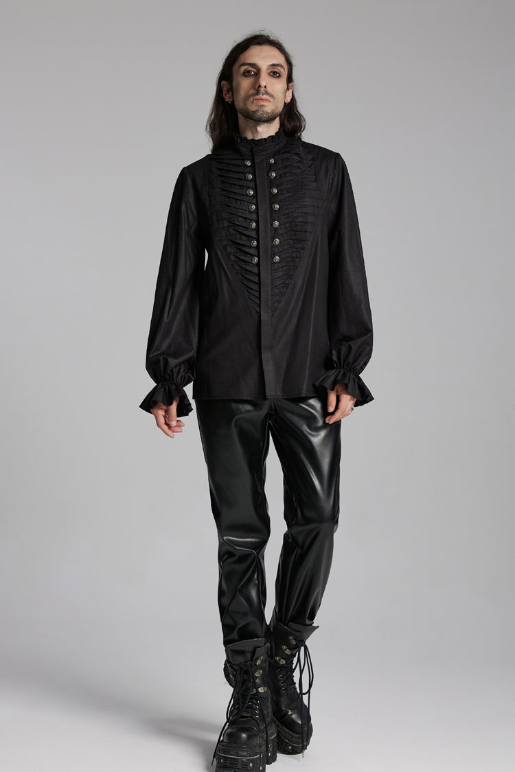 Men's Punk Ruffle Blouse with Beast Buckle Detail, Long Sleeve