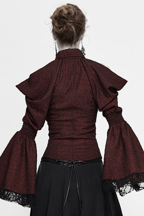 Crimson Gothic Bardot Blouse with Flared Cuffs