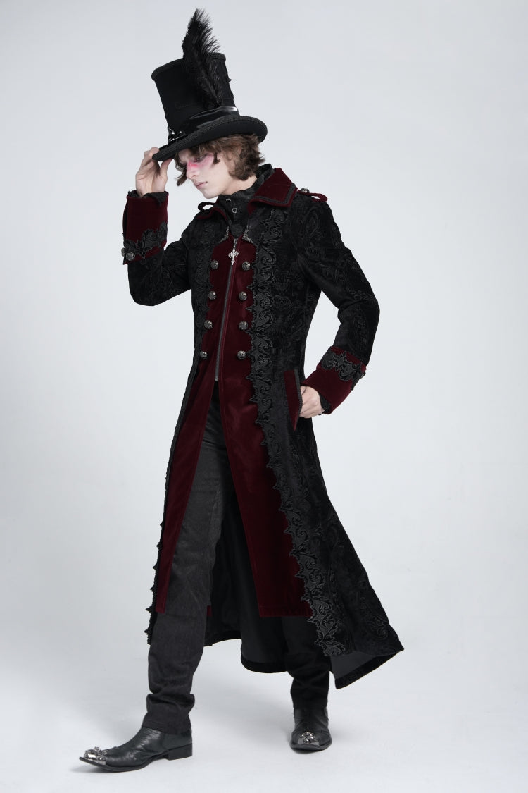 Crimson Noir Zipper Embroidery Lapel Collar Men's Gothic Coat