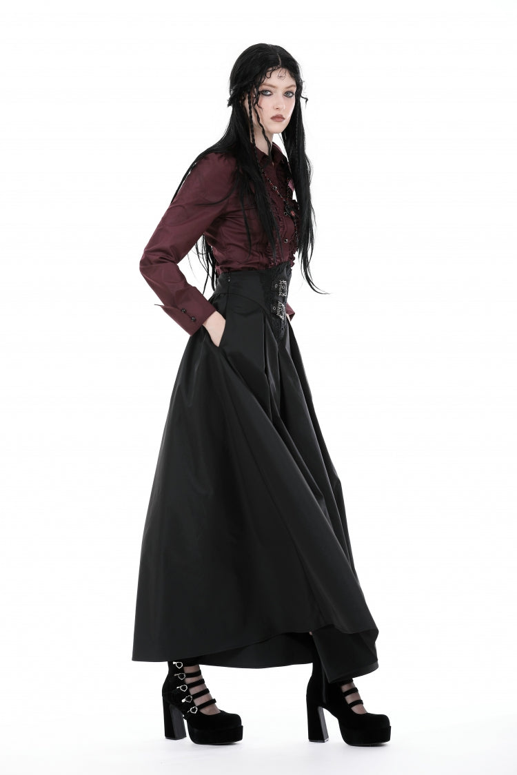 Burgundy Turn-Down Collar Ruffled Long Sleeve Gothic Women's Blouse