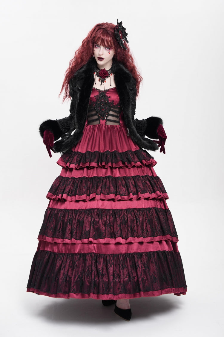 Victorian Gothic Coat with Rose Floral Embroidery and Buckle Straps, Long Sleeve