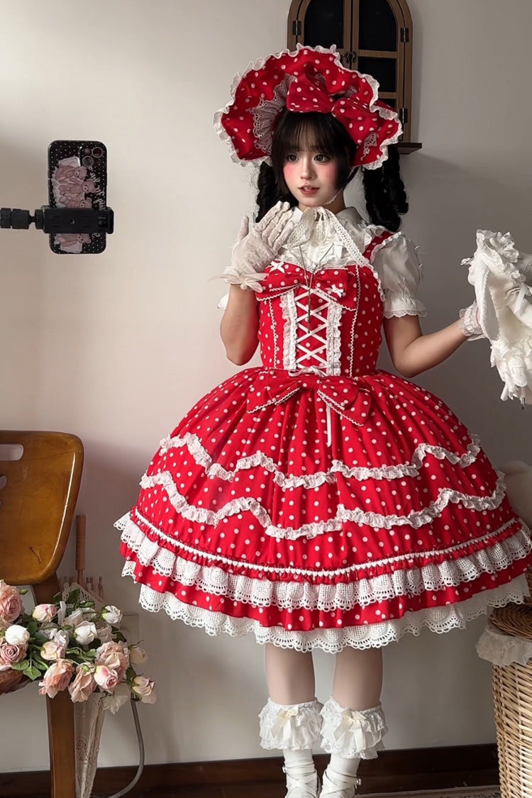 Ruby Polka Dot Ruffle Dress with Corset Lacing
