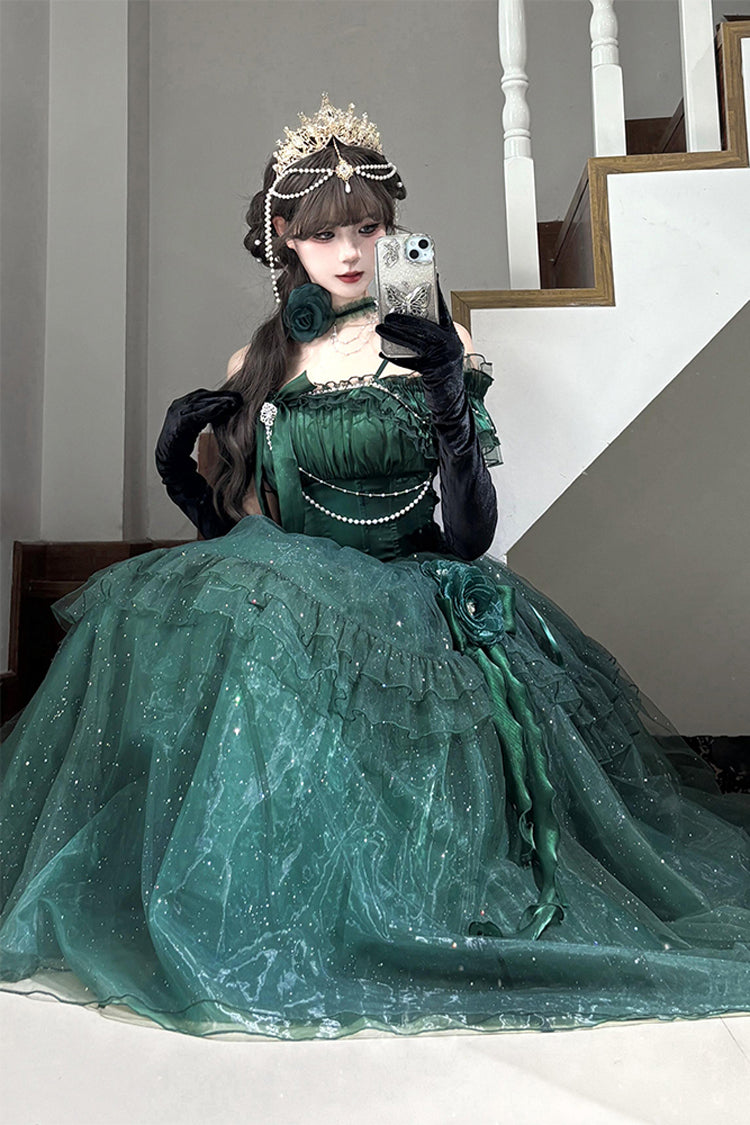 Emerald Bright Stars Off Shoulder Ruffle Bow Asymmetric Elegant Princess Lolita Gown