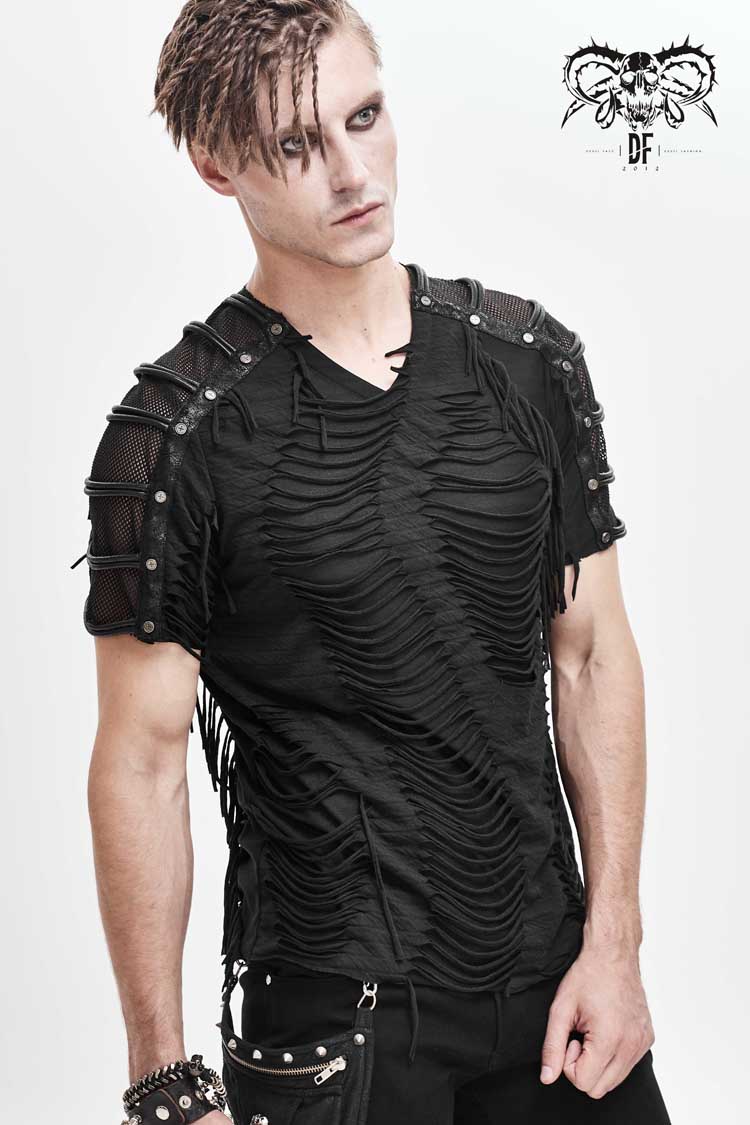 Punk T-Shirt with Tattered Stripes and Mesh Sleeves