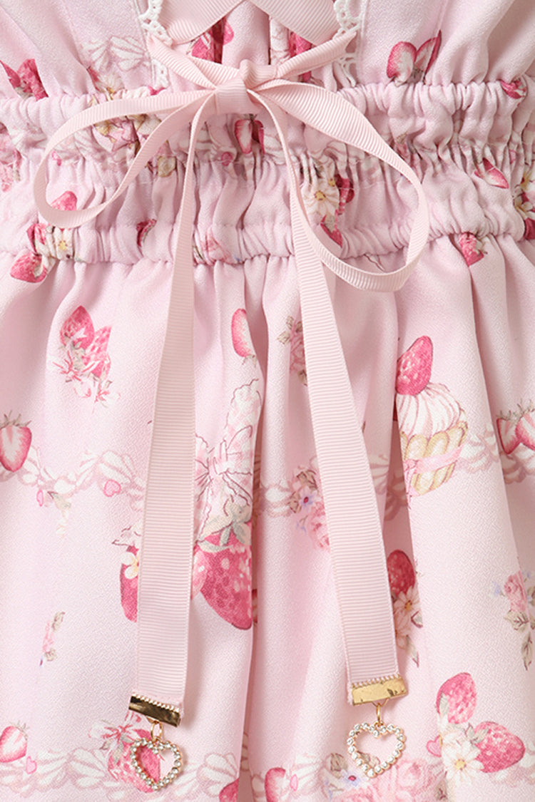 Creamy Berry Print Short Puff Sleeve Ruffle Lace-Up Jirai Kei Dress