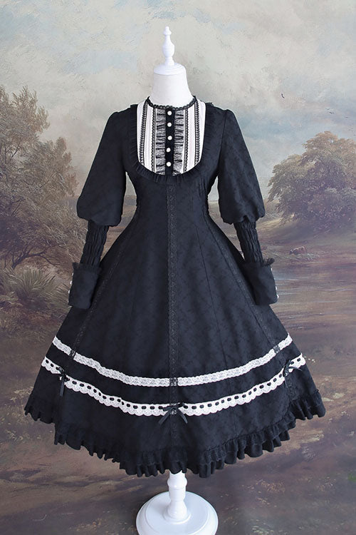Classic Lolita OP Dress with Dark Church Lace, Ruffled Long Sleeves and Cross