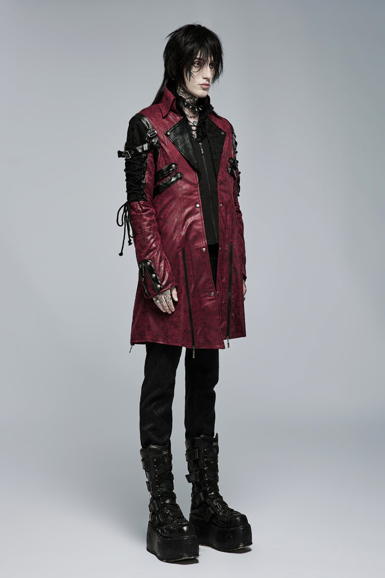 Crimson Steampunk Windbreaker with Metal Buckles and Zipper