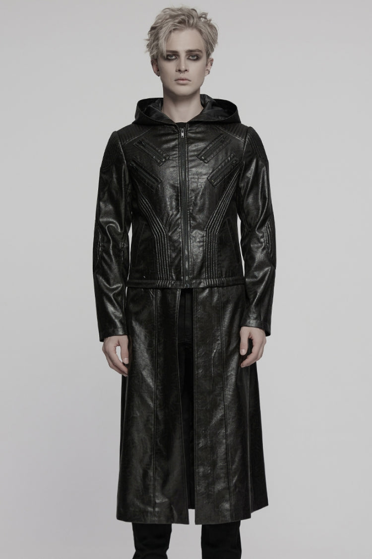 Men's Punk Coat with Ruched Faux Leather, Hooded and Detachable, Long Sleeve