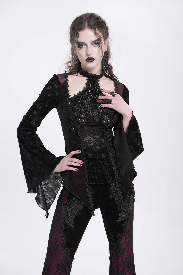 Crimson Gothic Blouse with Jacquard Cutout and Trumpet Sleeves