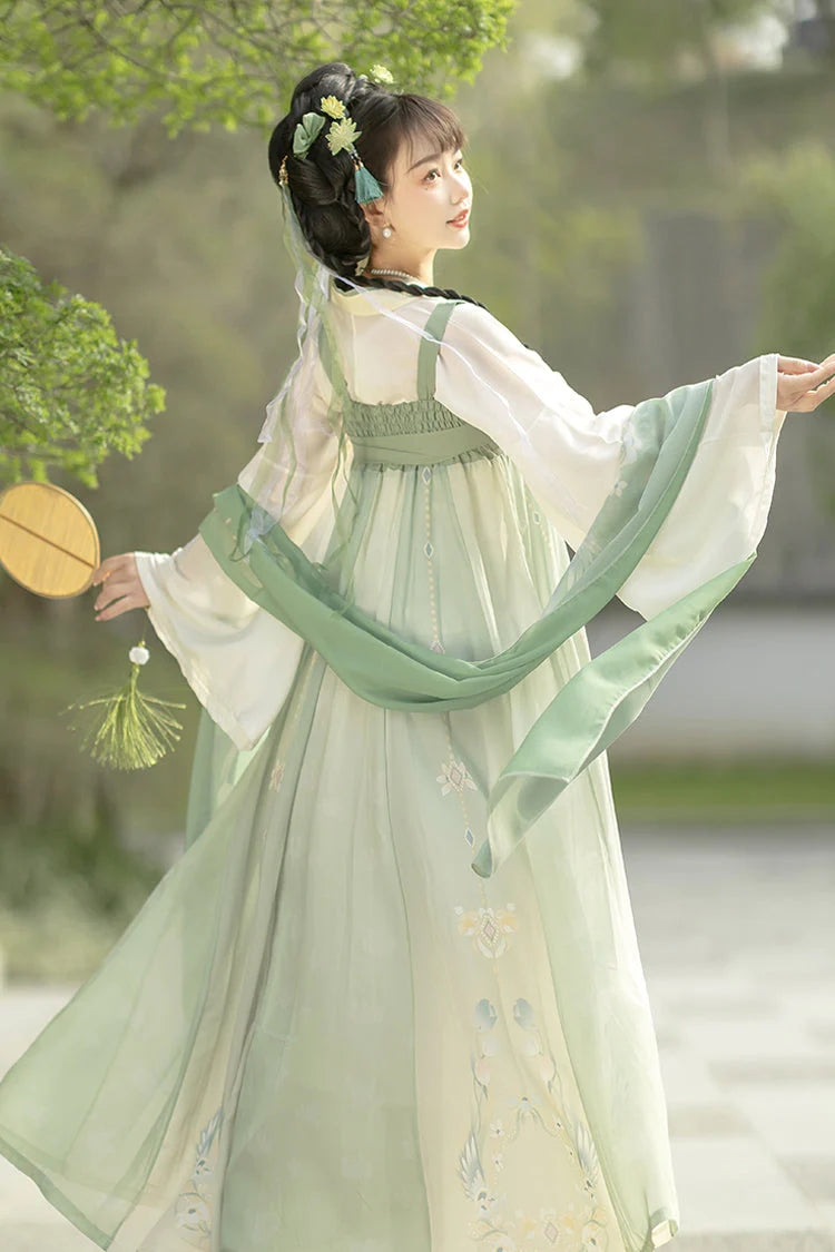 Emerald Trumpet Sleeves High Waist Printed Embroidered Sweet Chinese Hanfu Gown Full Set