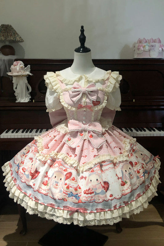 Rosy Bunny Celebration Sleeveless Layered Frilled Bow Lolita Jumper