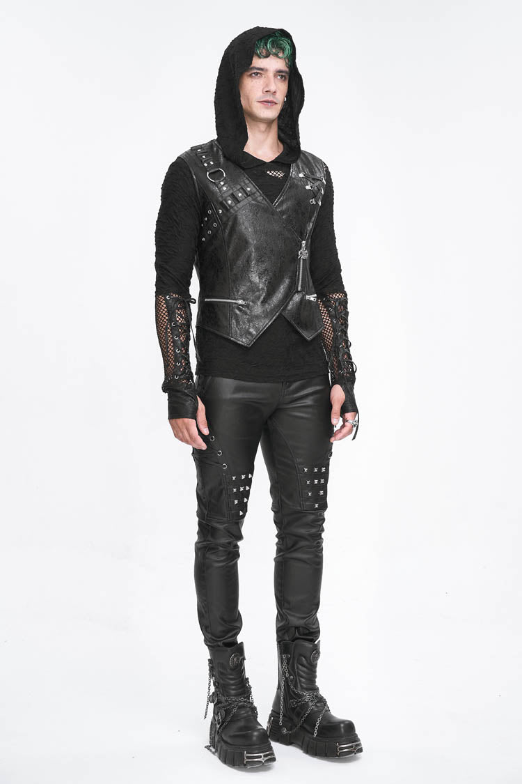 Men's Punk Faux Leather Vest with Zippers - Noir