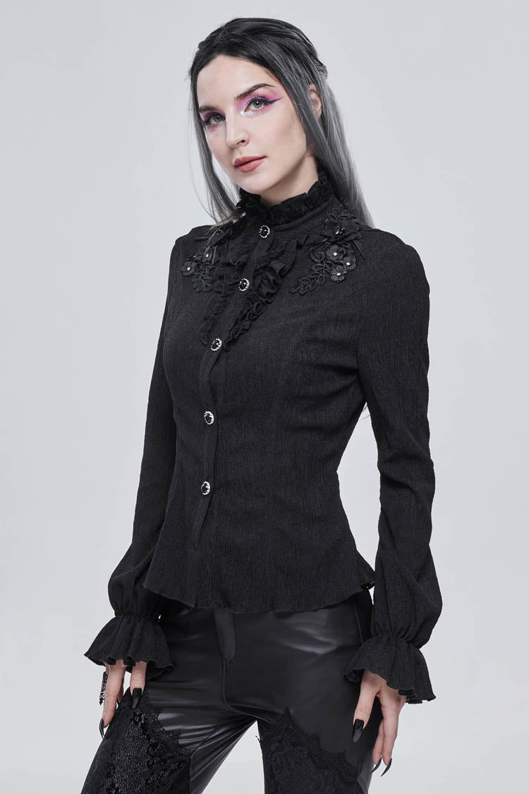 Gothic Shirt with High Neck Lantern Sleeves and Embroidered Details