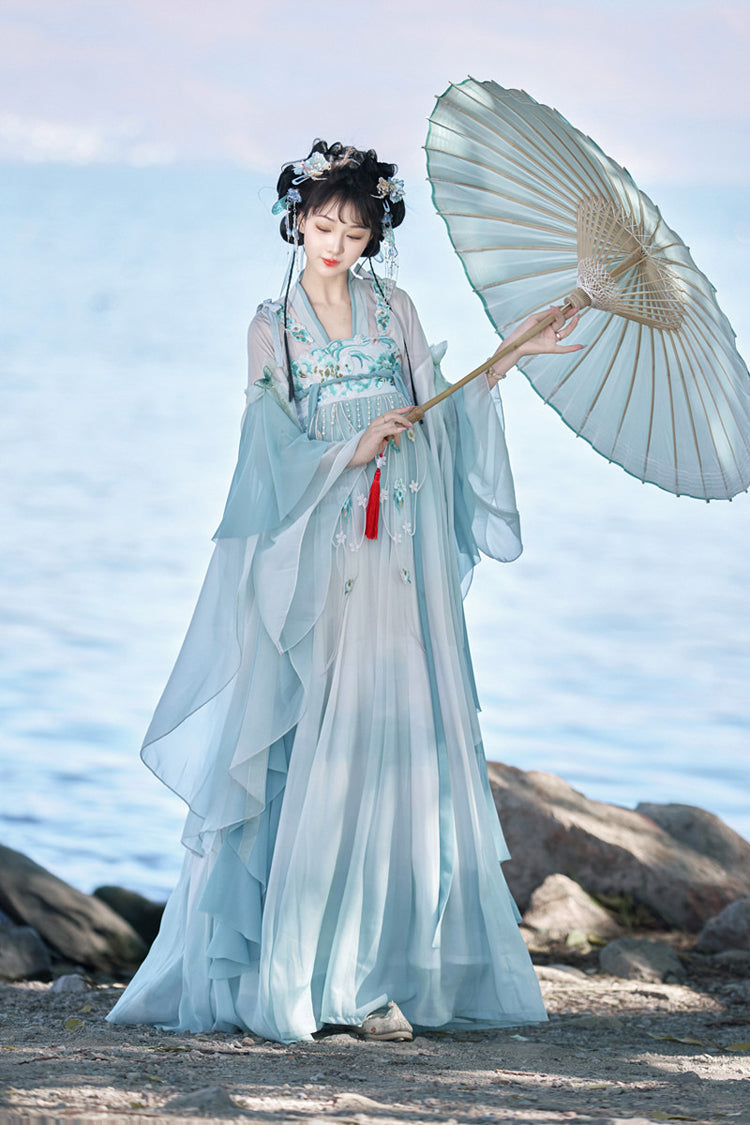 High-Waisted Embroidered Lace Hanfu Full Ensemble - Blue Ocean