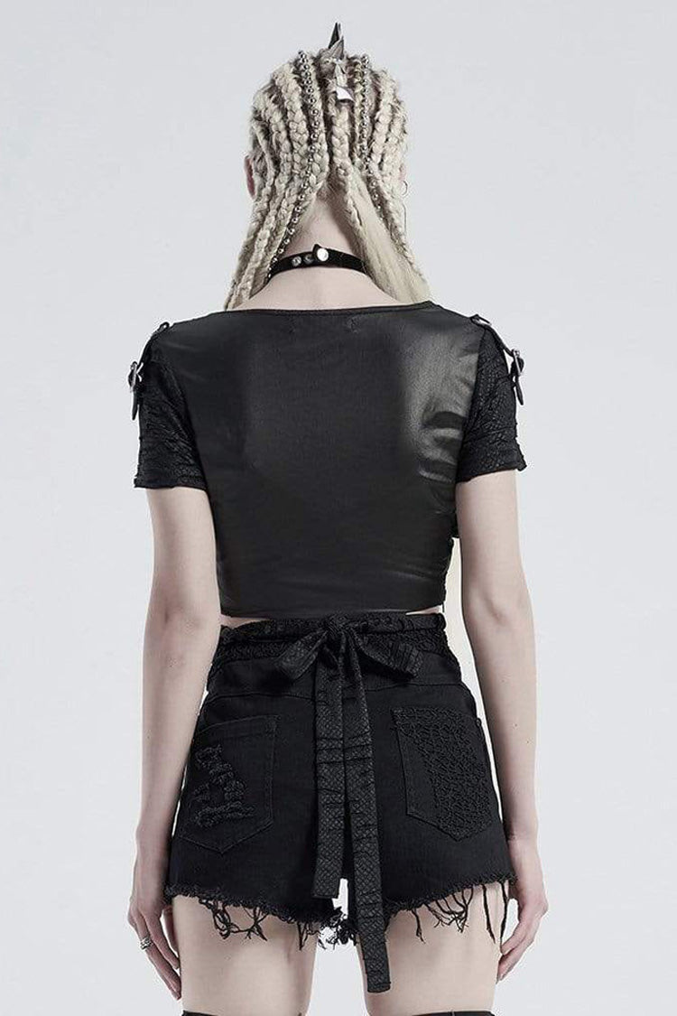 Punk V-Neck Short Sleeve Tee with Back Bandage & Distressed Holes in Black