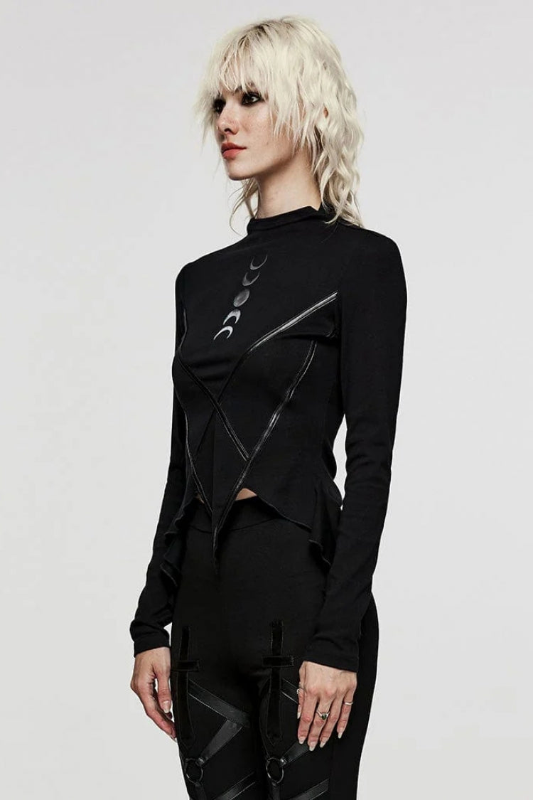 Steampunk Crescent Moon Tee with Leather Accents and Extended Sleeves