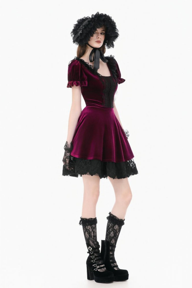 Burgundy Square Collar Short Puff Sleeve Velvet Patchwork Lace Lace-Up Gothic Dress