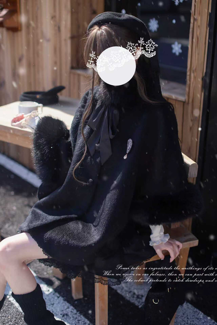 Japanese Lolita Fluffy Cloak Coat with Lace and Extended Sleeves