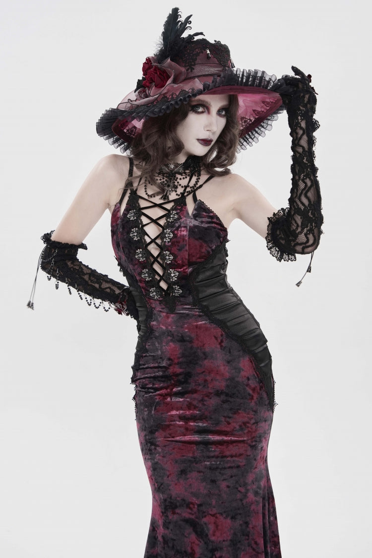 Crimson & Noir Halter Neck Printed Hanayome Lace-Up Fitted Pleated Gothic JSK Dress