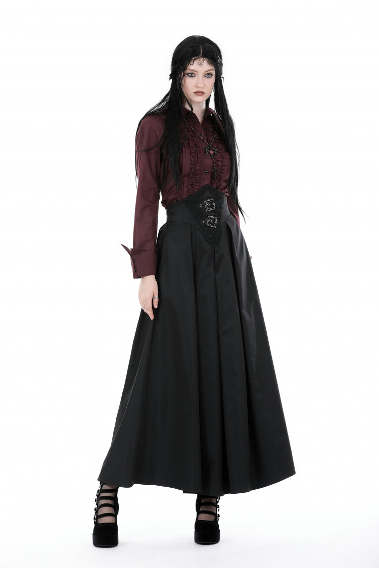 Burgundy Turn-Down Collar Ruffled Long Sleeve Gothic Women's Blouse
