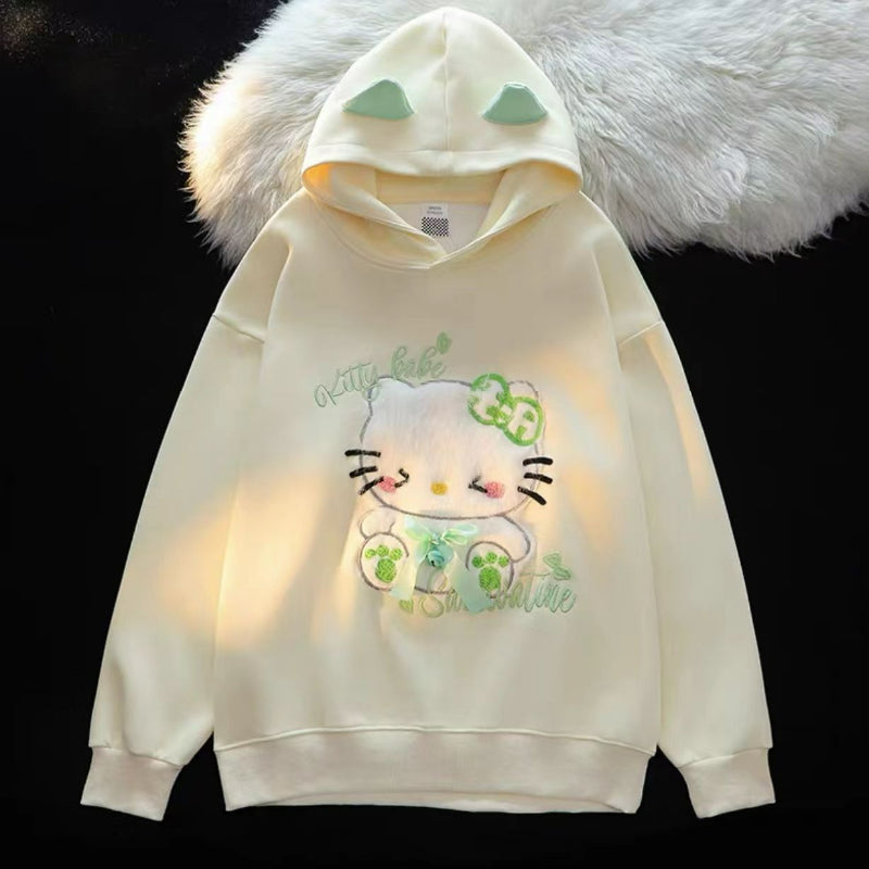 Pull à capuche avec petites oreilles brodées et motif chat KI589