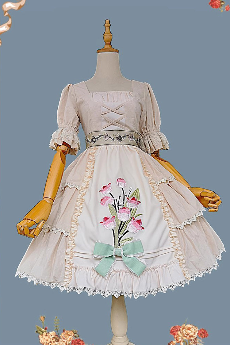 Elegant Lolita JSK with Tulip Print and Multi-Layer Embroidery