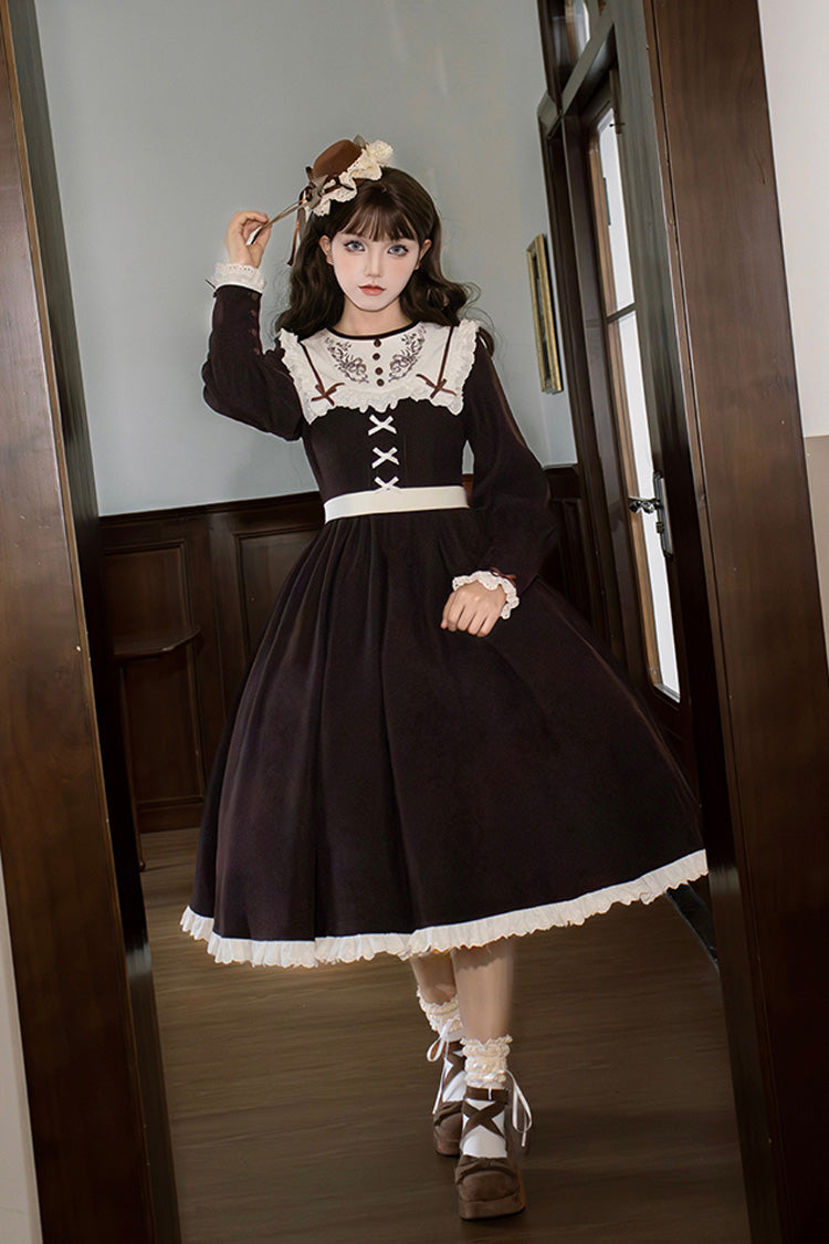 Chocolate Long Sleeve Embroidered Bouquet Ruffle Lolita Dress - Miss Brown