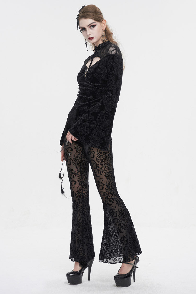 Gothic Shirt with Cutout Round Collar Flared Sleeves and Embossed Floral