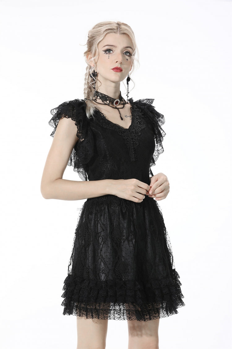 Midnight Lace-Trimmed Crop Top with Deep Plunge Neck