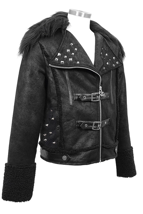 Warm Short Punk Jacket with Wool Collar for Men - Noir